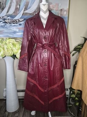 Vintage Tannery Women's Burgundy Leather Trench Coat with Tie Belt